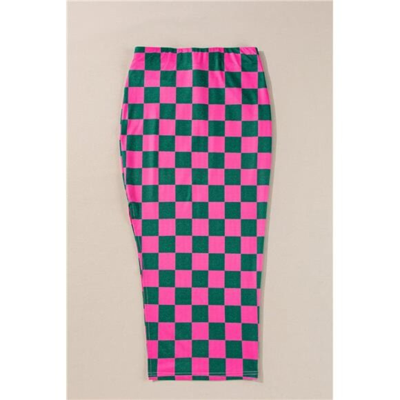 Rose Checkered Print Side Slit High Waist Midi Skirt - Picture 4 of 8